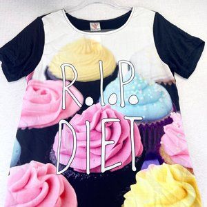 NWT ANGEL BIBA Womens 10 Black Cupcake Print RIP Diet Long Tunic Short Sleeve